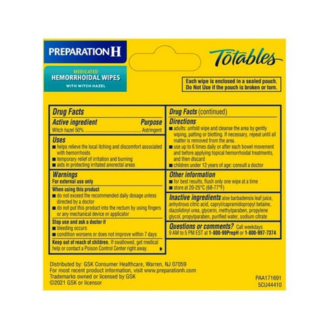 Preparation H, Totables Medicated Hemorrhoidal Wipes With Witch Hazel And Aloe Maximum Strength, 10 each Preparation H