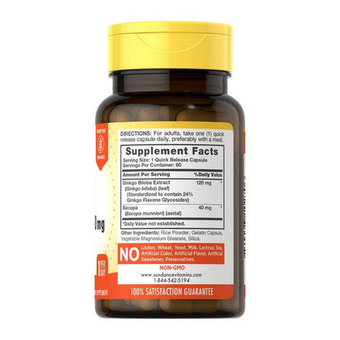 Sundance, Standardized Extract Ginkgo Biloba Plus Bacopa, 120 Mg, 60 Caps Sundance