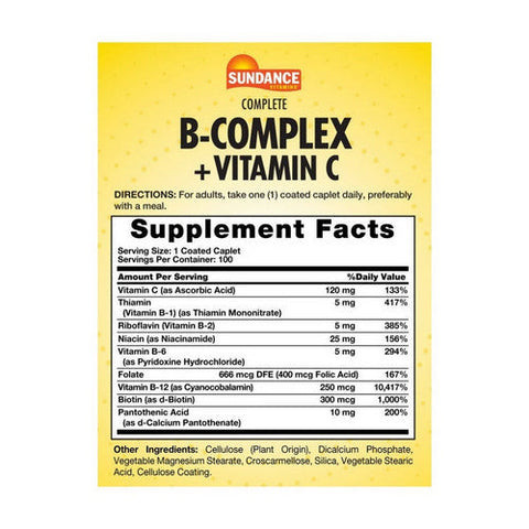 Sundance, Vitamins Complete B-Complex + Vitamin C Coated Caplets, 100 Tabs Sundance