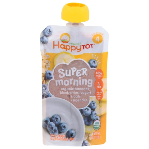 Happy Tot, Super Morning Organic Bananas Blueberries Yogurt And Oats with Super Chia Baby Food Pouch, 4 Oz(Case Of 16) Happy Tot