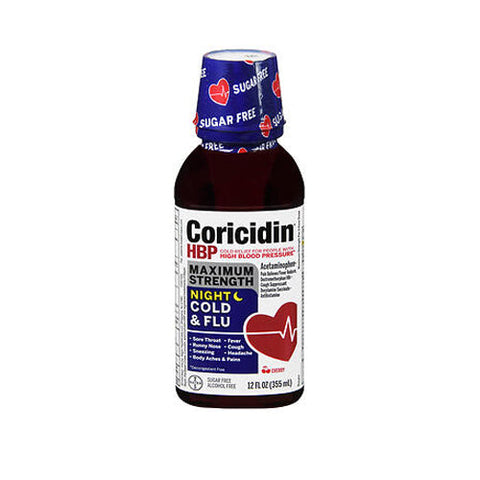 Coricidin Hbp, Nighttime Cold & Flu Liquid Maximum Strength Cherry Flavor, 12 Oz Coricidin Hbp