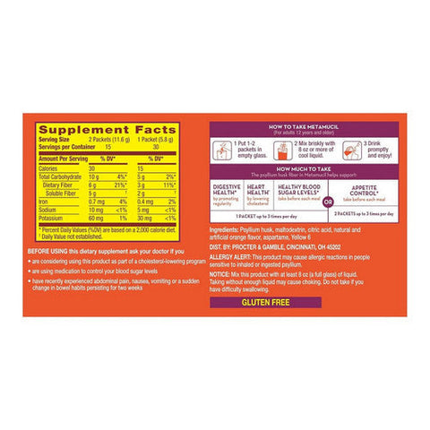 Metamucil, 4-In-1 Fiber On-The-Go Powder Packets Sugar Free Orange, 30 Each Metamucil