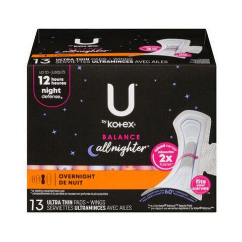 U By Kotex, Balance Ultra Thin Pads + Wings Overnight, 13 Count U By Kotex