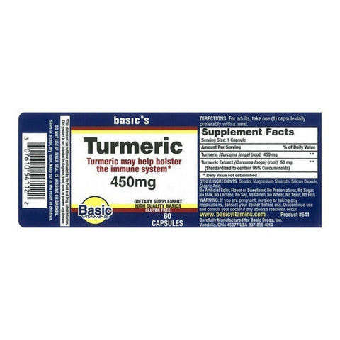 Basic Vitamins, Turmeric, 450 Mg, 60 Capsules Basic Vitamins