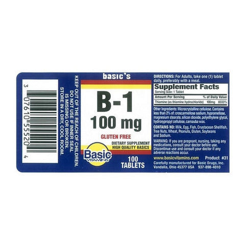Basic Vitamins, Vitamin B-1, 100 Mg, 100 Tablets Basic Vitamins