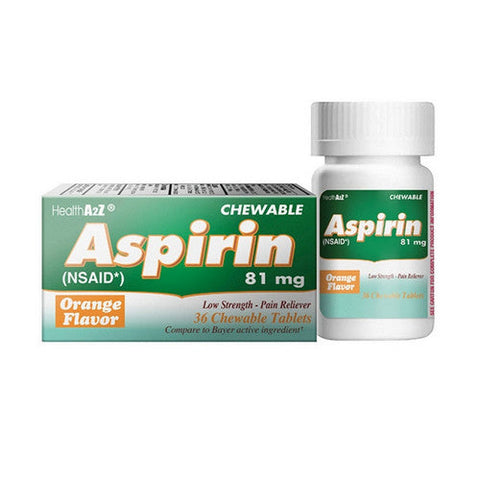 Health A2Z, Aspirin Low Strength Pain Relief Orange Flavor, 81 Mg, 36 Tablets Health A2Z