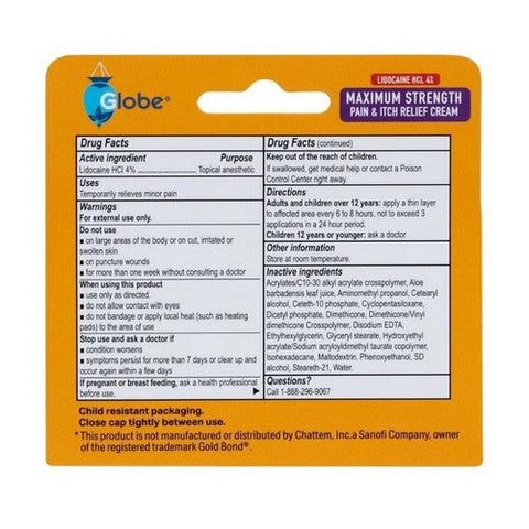 Globe, Lidocaine HCL 4% Multi Symptom Relief Cream, 49.6 Grams Globe