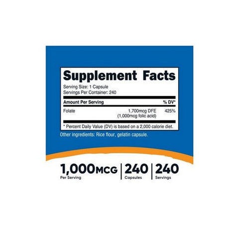 Nutricost, Folic Acid Vitamin B9 Capsules, 1000 Mcg, 240 Count Nutricost