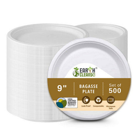 Earth Cleanse, 9" Round Bagasse Plates Premium, 500 Pack Earth Cleanse