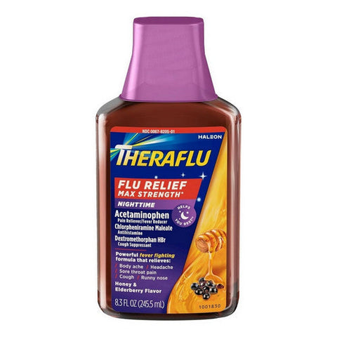 Theraflu, Flu Relief Nighttime Liquid Max Strength Honey And Elderberry, 8.3 Oz Theraflu